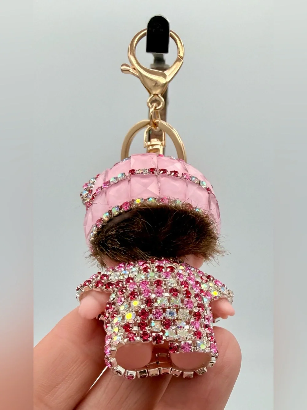 Monchhichi Style Crystal Rhinestone Doll Keychain Bag Charm Pink Bling‎ Sparkle